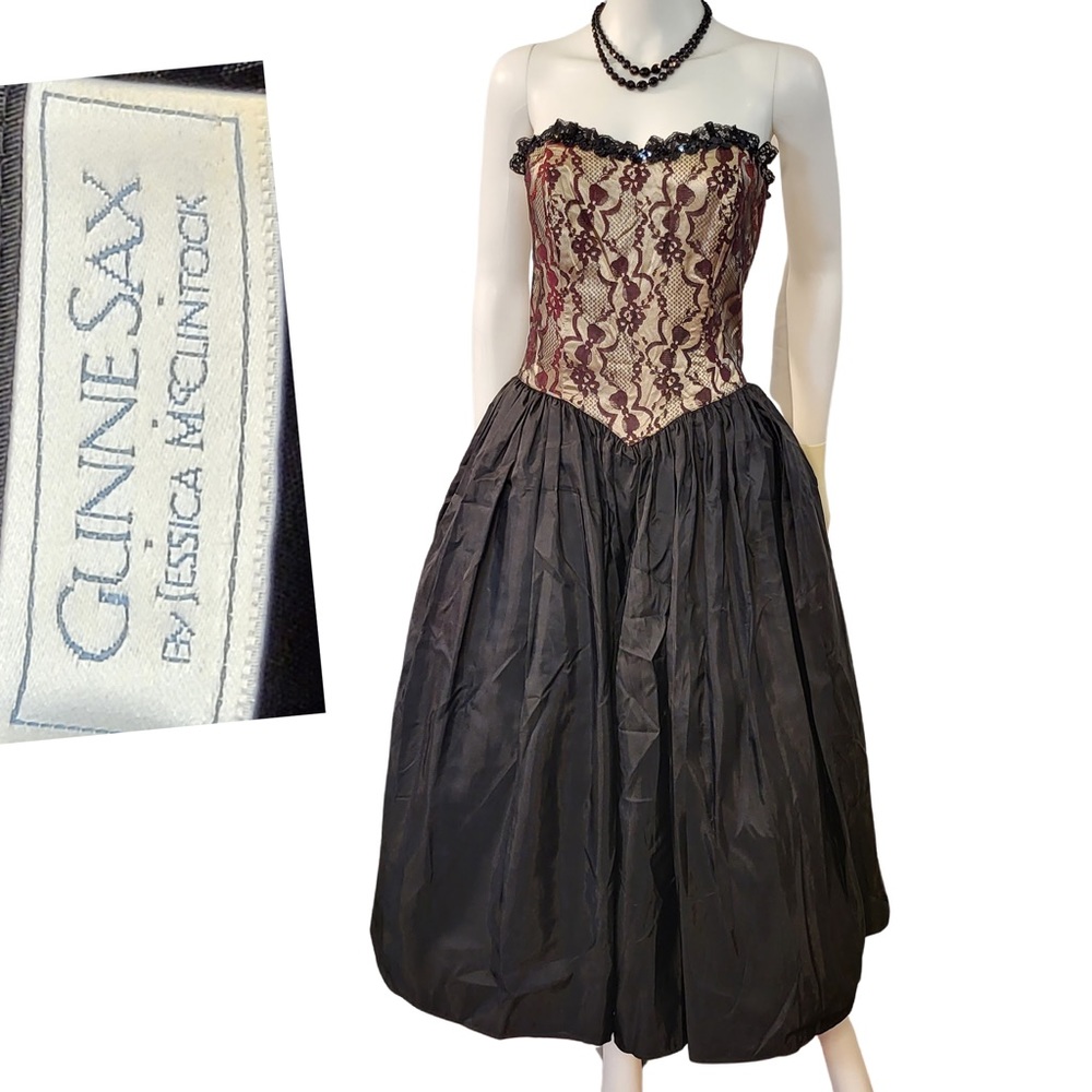 Gunne Sax 80s Strapless ombré Lace Overlay Sweetheart Bodice Sequins Trim S